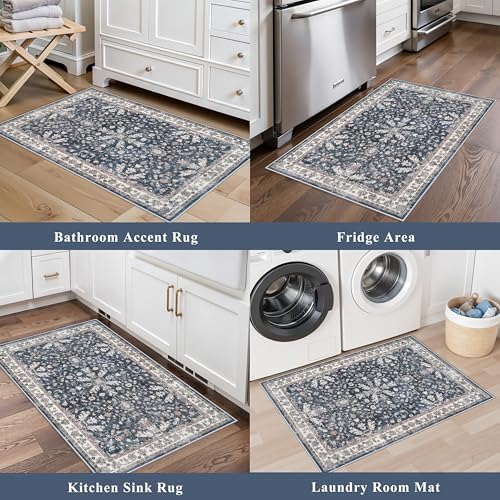 Kitchen Mats Set of 2 Washable Non-Slip – Soft Low Pile Boho Decorative Runner Rugs for Kitchen Floor, Sink & Stove, Kitchen Decor (Blue, 2x3+2x4)