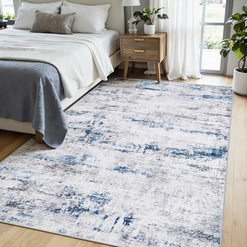 6x9 Area Rugs for Living Room Large Washable Abstract Rug White Gray Blue