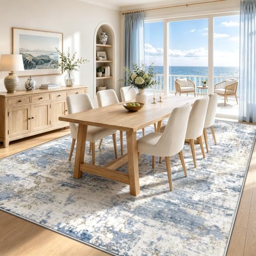XLUEZ 9x12 Area Rug for Living Room, Washable Modern Abstract Large Area Rug Neutral Soft Non Slip Kids Rug Stain Resistant Indoor Carpet for Bedroom Dining Room Playroom Office(Blue, 9'x12')