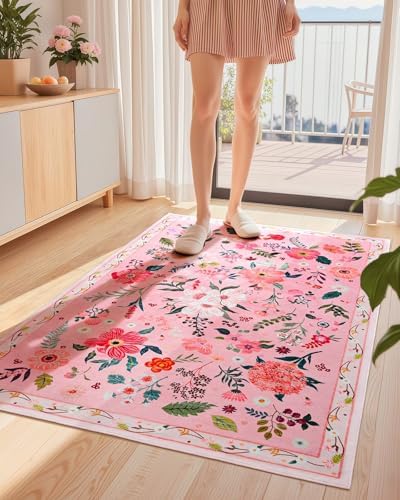 Macgace Floral Area Rug for Bedroom, Machine Washable 3x5 Pink Throw Rugs