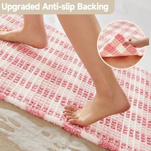 TYUU Waffle Bath Mat, Small Cute Bathroom Rug Non Slip, 24x16 Pink & White