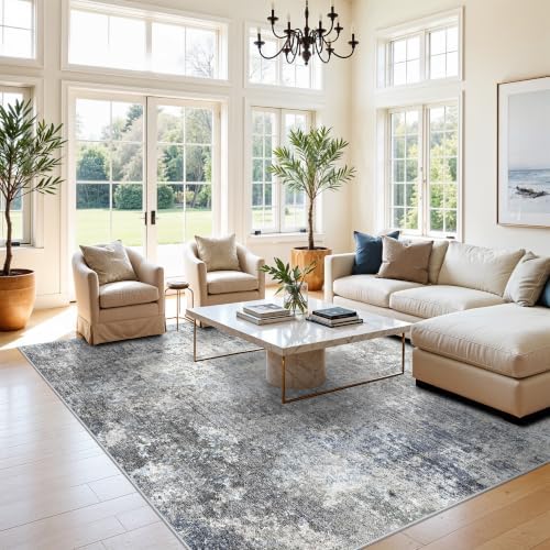8x8 ft Square Living Room Rug - Washable Modern Neutral Abstract Area Rug for Bedroom, Dining Room, Kitchen Non-Slip Soft Low-Pile Indoor Floor Carpet (Blue Grey, 8x8)