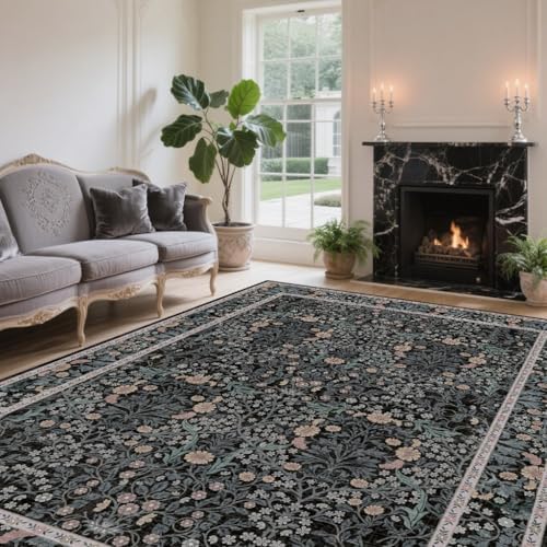 5x7 Washable Area Rugs for Living Room Soft Carpet (Black Flora)