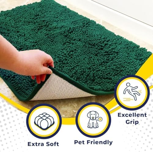 Muddy Mat® | Super Water Absorbent Door Mat Indoor, Microfiber Quick Dry Chenille Entryway Rug, Slip Resistant Front Door Mat, Indoor Mats for Entryway, Machine Washable Pet Rug, Dark Green 72"X48"