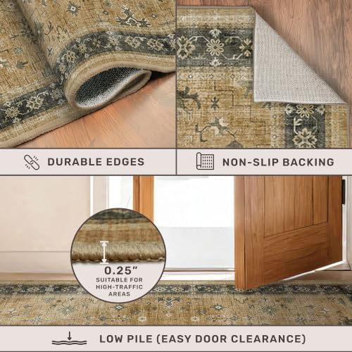 Washable Long Runners for Hallways, 2'6"x8' Wide Kitchen Runner Rug, Bohemian Rustic Brown and Charcoal Olive Entryway Indoor Rug, Non-Slip Stain & Fade Resistant