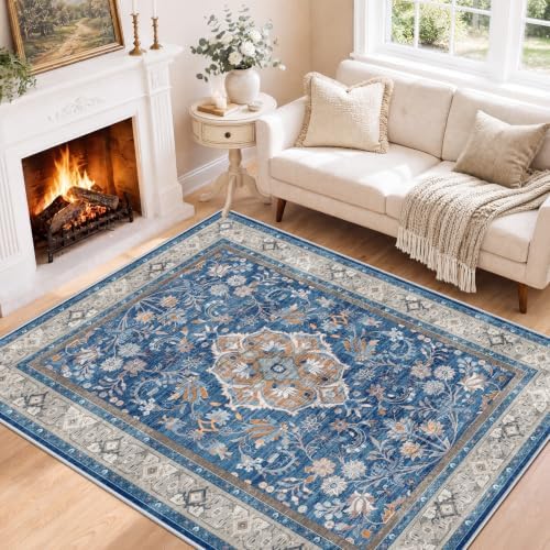SameBed 5x7 Area Rug Living Room, Vintage Washable Carpet Blue