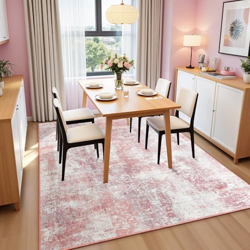 Macgace Washable Abstract Area Rug for Living Room, Modern 5x7 Rugs Pink