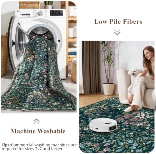6x6 Washable Area Rug Living Room: Floral Non-Slip Washable Mat for Indoor Floor Dining Room Bedroom High Traffic Area - Soft Low Pile Carpet for Vintage Boho Home Decor (6ft Square, Green)