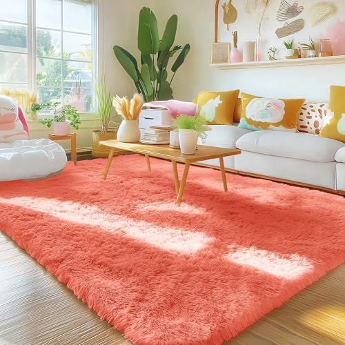 OLANLY Area Rugs for Living Room Bedroom, Machine Washable 4x5.9 ft Soft Fluffy Shaggy Bedside Rug, Indoor Floor Carpet for Kids Girls and Boys, Dorms, Nursery Rooms, Home Decor Aesthetic, Coral Red