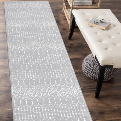 Lahome Moroccan Washable Rug Runner 2x10 Non-Slip Runner Rug for Kitchen Stain Resistant Grey Carpet Runners for Hallway 10Ft, Modern Geometric Print Soft Floor Carpet for Bathroom Entryway Foyer Hana