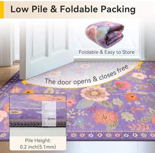 RELEANY Floral Washable 5x8 Area Rugs Purple/Pink