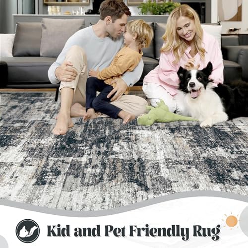 XLUEZ 5x7 Area Rugs for Living Room, Washable Modern Abstract Large Area Rug Neutral Soft Non Slip Kids Rug Stain Resistant Indoor Carpet for Bedroom Nursery Dining Room Playroom(BlackGrey, 5'x7')