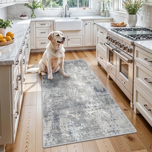 3x5 Washable Entryway Rug – Non-Slip Rubber Backed Small Area Rug for Kitchen, Bedroom, Living Room, Office – Soft Low-Pile Thin Modern Abstract Neutral Throw Rug （Blue Gray,3x5）