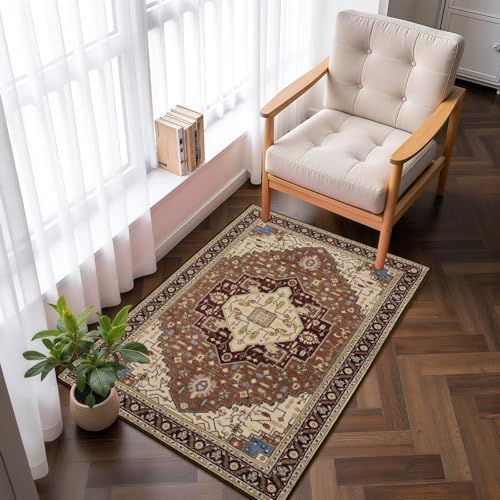 Macgace Washable Vintage Small Area Rug for Entryway, 2x3 Rugs Mousse Brown
