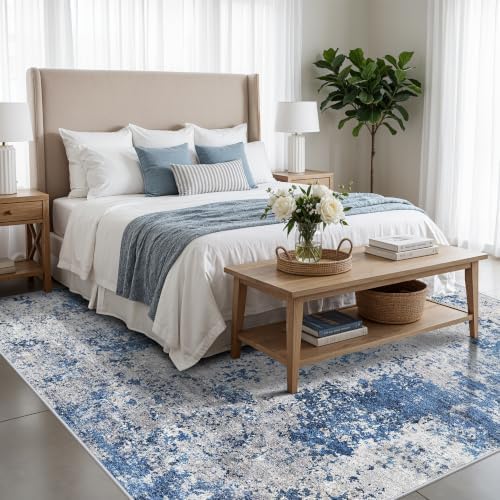 8x8 ft Square Living Room Rug - Washable Modern Neutral Abstract Area Rug for Bedroom, Dining Room, Kitchen Non-Slip Soft Low-Pile Indoor Floor Carpet (Blue Ivory Grey, 8x8)