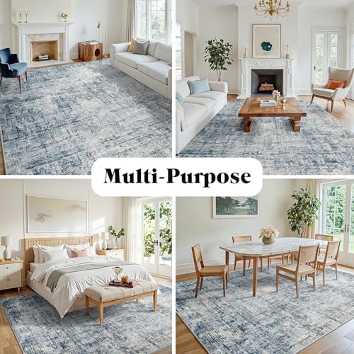 10x14 Washable Area Rug for Living Room Bedroom: Non-Slip Modern Blue Gold