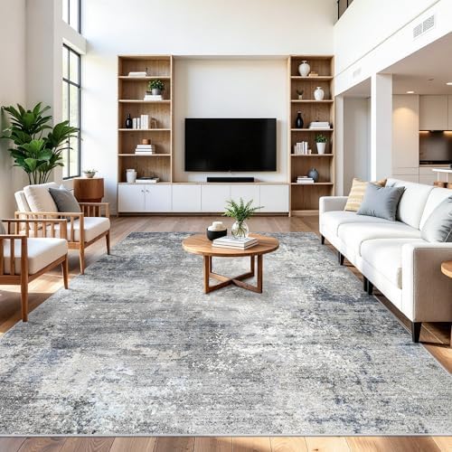 7x10 Rug for Living Room Washable – Non-Slip Soft Carpet for Bedroom Dining Room,Modern Neutral Abstract Low Pile Stain-Resistant Area Rug(Blue Grey,7x10)