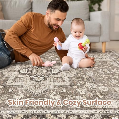 cotiled 8x10 Area Rug for Living Room, Washable, Traditional, Brown
