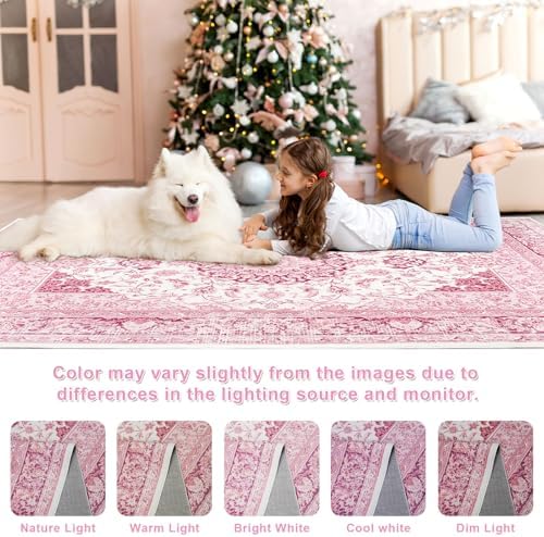 Macgace Washable Vintage Area Rug for Living Room, 5x7 Rugs Bright Pink