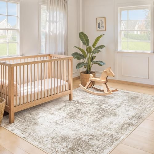 Area Rug 3x5 Washable Rug, Vintage Boho Medallion Entryway Rug Non-Slip Soft Low Pile Small Distressed Floor Carpet Retro Doormat for Kitchen Bedroom Laundry Bathroom Hallway (Taupe, 3'x5')