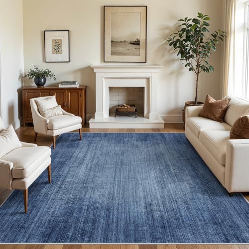 8x8 ft Square Living Room Rug - Washable Modern Neutral Abstract Area Rug for Bedroom, Dining Room, Kitchen Non-Slip Soft Low-Pile Indoor Floor Carpet (Navy Blue, 8x8)