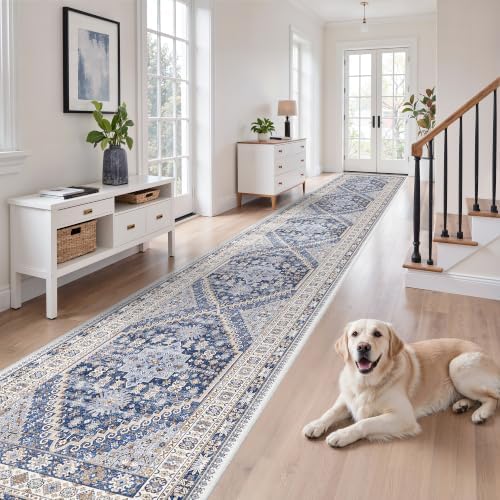 zesthome 3x14 Runner Rug Non Slip,Washable Hallway Runner Rug,Blue