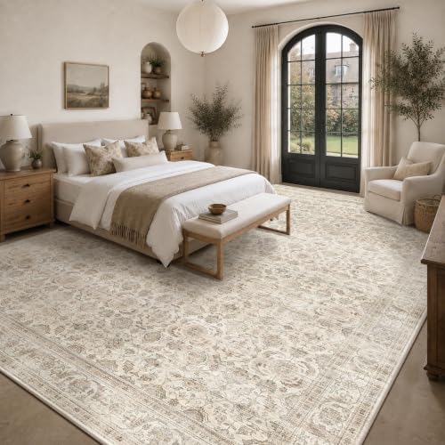 JOOJA 10x14 Large Beige Vintage Low Pile Non Slip Washable Neutral Area Rug