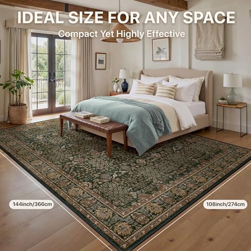Bavni 9x12 Washable Area Rug for Living Room, Dark Green Brown