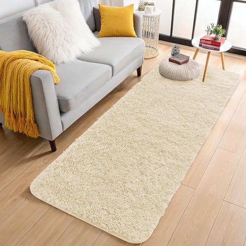 OLANLY 2x5 Machine Washable Runner Rugs for Hallway, Soft Fluffy Shaggy Bedside Rugs for Bedroom, Living Room, Indoor Floor Carpet for Kids Girls and Boys, Nursery Rooms, Home Decor Aesthetic, Cream