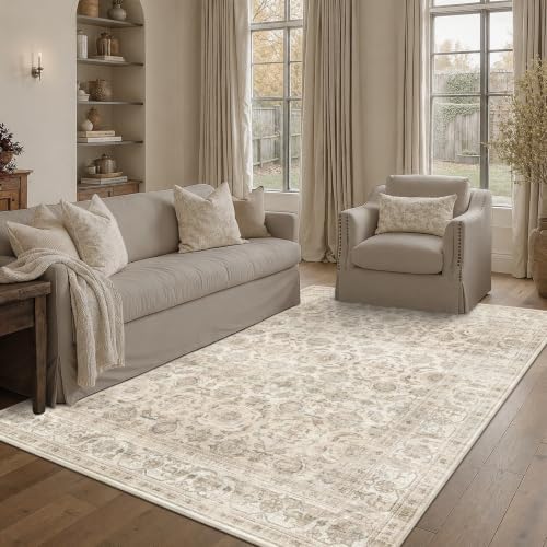 JOOJA 6x9 Beige Neutral Vintage Boho Washable Area Rug, Soft Floor Carpet