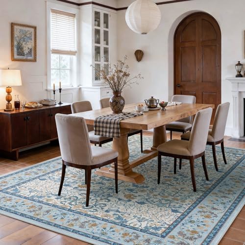 Amada Floral Washable Area Rug,5'x7',Light Blue