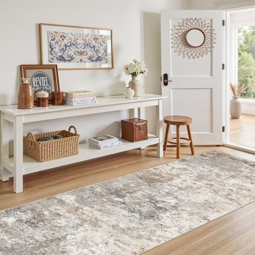 UERMEI 3x10 Washable Runner Rug for Hallway, Non Slip Low Pile Kitchen Carpet, Neutral Modern Abstract Indoor Floor Mat for Entryway Laundry, Kid & Pet Safe High Traffic Area, Brown Grey