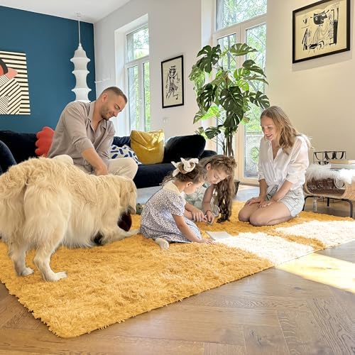 OLANLY 2x4 Machine Washable Runner Rugs for Hallway, Soft Fluffy Shaggy Bedside Rugs for Bedroom, Living Room, Indoor Floor Carpet for Kids Girls and Boys, Home Decor Aesthetic, Mustard Yellow