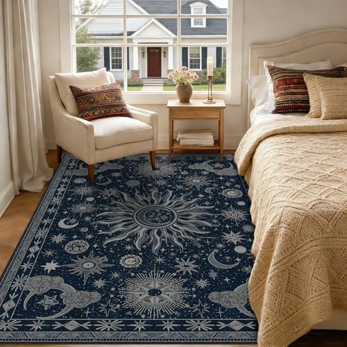 Vacuum-Friendly, 6x9 Washable Area Rug, Blue Gray White