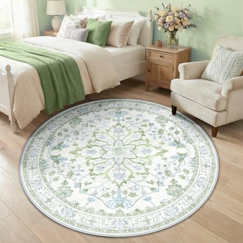 RELEANY Washable Area Rug, Round 5ft, Green/White/Blue