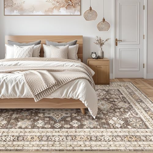 cotiled 6x9 Area Rug for Living Room, Washable, Traditional, Dark Brown