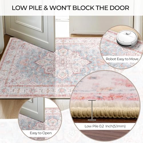 CAPALOCA Square 5ft Washable Nursery Girls Low Pile Area Rug Pink Blue