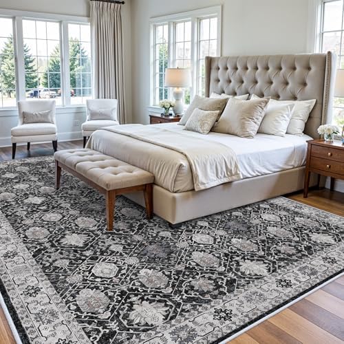 Washable Large 9x12 Area Rug: Indoor Oriental Living Room Carpet with Non Slip Backing Ultra Soft Low Pile Rugs for Bedroom Dining Room Distressed Stain Resistant Thin Floor Mat (9x12 Black)