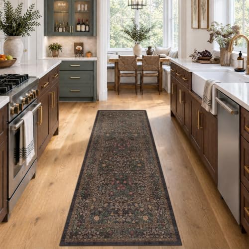 Dark Brown 2'6" x 8' Runner Rug for Hallways Non Slip, 8ft Extra Long Floor Runner for Kitchen, Entryway Indoor, Washable Rubber Backing Stain Resistant - Vintage Dark Botanical Floral Décor