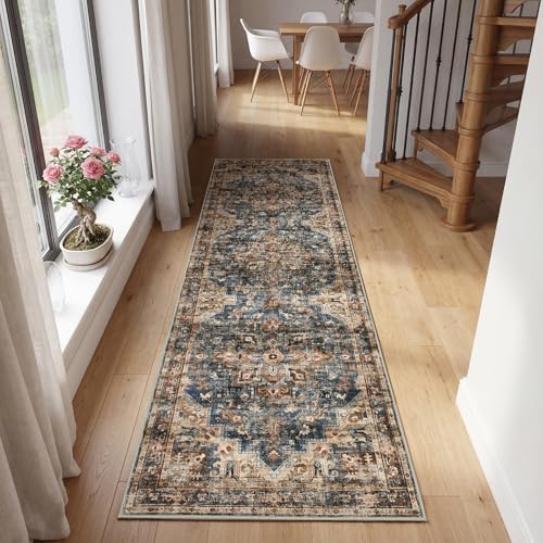 GarveeHome Washable Rug Runner 2x8 Vintage Runners for Hallways Blue&Brown