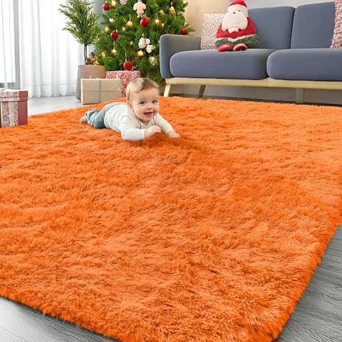 OLANLY 6x9 Machine Washable Large Area Rugs for Living Room, Bedroom, Soft Fluffy Shaggy Bedside Rug, Indoor Floor Carpet for Kids Girls and Boys, Dorms, Nursery, Home Decor Aesthetic, Orange