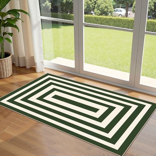Front Door Mat Indoor Entrance 2x4.3 Modern Green White Striped Rug