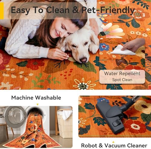 RELEANY Floral Washable 8x10 Area Rugs BurntOrange