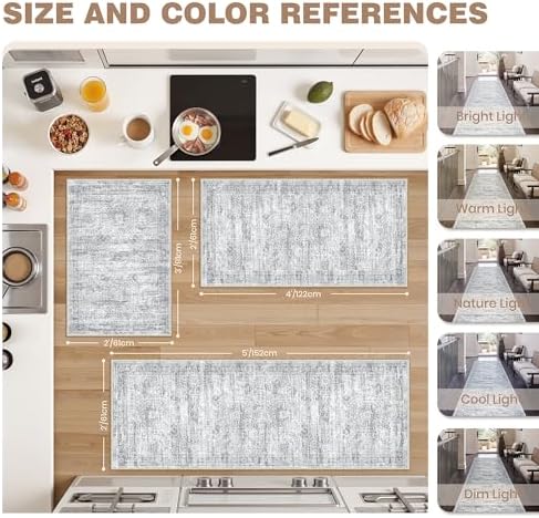 Kitchen Rugs Sets of 3, 2x3 2x4 2x5 Rug Runner,Grey