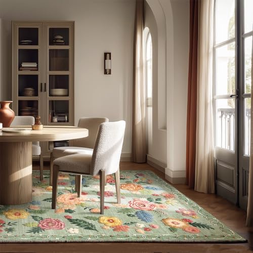 8x10 Area Rugs for Living Room: Washable Bedroom Rug Non Slip Low Pile Soft Faux Wool Non Shedding Lightweight Distressed Vintage Floral Large Carpet Rug for Dining Room Kids Playroom Farmhouse Office