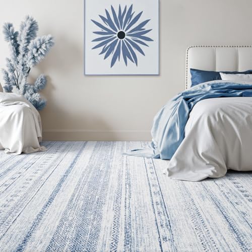6x9 Area Rugs for Living Room Machine Washable Rug Distressed Indoor Carpet Neutral Moroccan Boho Rug Ultra Soft Area Rug for Bedroom Dining Room Playroom Office,Blue