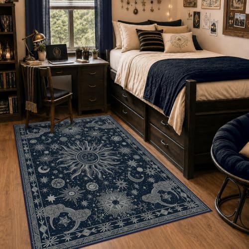Vacuum-Friendly, 4x6 Washable Area Rug, Blue Gray White