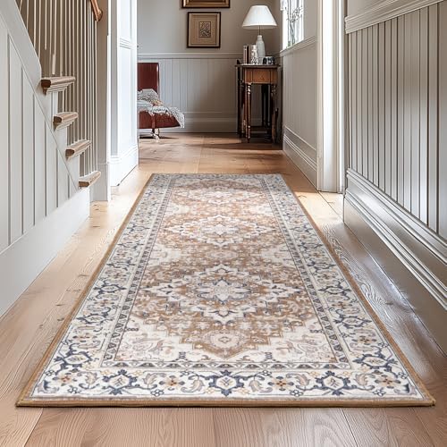 Lessymo Runner Rug 2.6 x 8 for Hallway, Washable Entryway Rugs Brown Beige