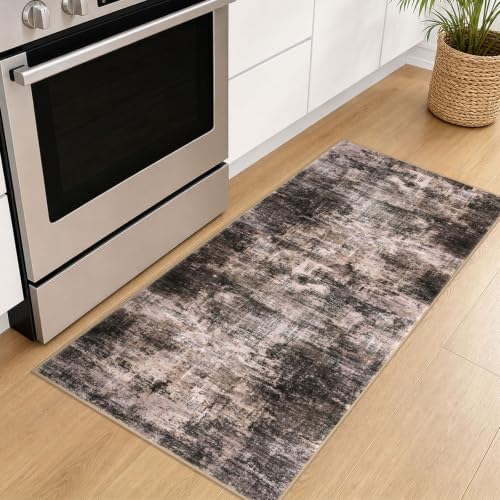 IOHOUZE Abstract Runner Rug 2x5 Ft Washable Runners for Hallways, Non Slip Kitchen Runner Printed Faux Wool Entryway Runner Indoor, Modern Abstract Floor Carpet for Hall Kitchen Bedroom, Brown/Rust