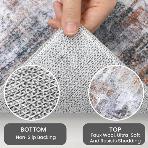 IOHOUZE Abstract Runner Rug 3x6 Ft Washable Runners for Hallways, Non Slip Kitchen Runner Printed Faux Wool Entryway Runner Indoor, Modern Abstract Floor Carpet for Hall Kitchen Bedroom, Orange Grey